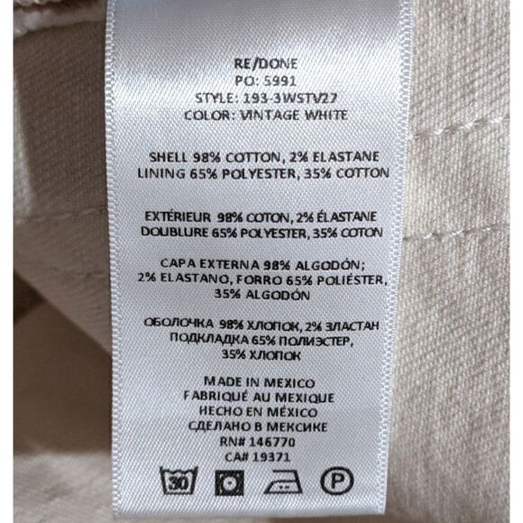 RE/DONE 70S Stove Pipe High Rise Vintage White Button Fly Ankle Jeans Size 28 - Picture 12 of 12